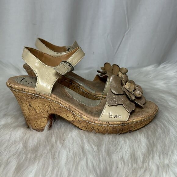 Born Champagne Floral Trim Leather Cork Platform Sandals Sz 7 - Picture 4 of 7
